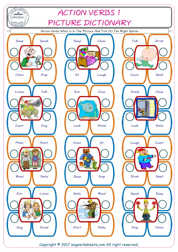 check the picture, mark the correct option amongst the given Action Verbs words English worksheet for kids Worksheet Preview