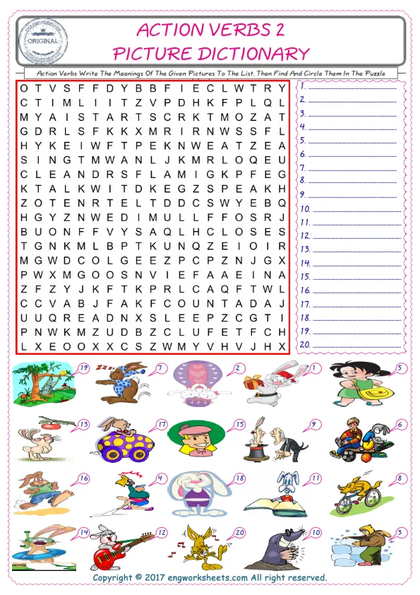 For kids, check the picture of Action Verbs find, and write the word and find it in the word puzzle ESL printable worksheet. Worksheet Preview