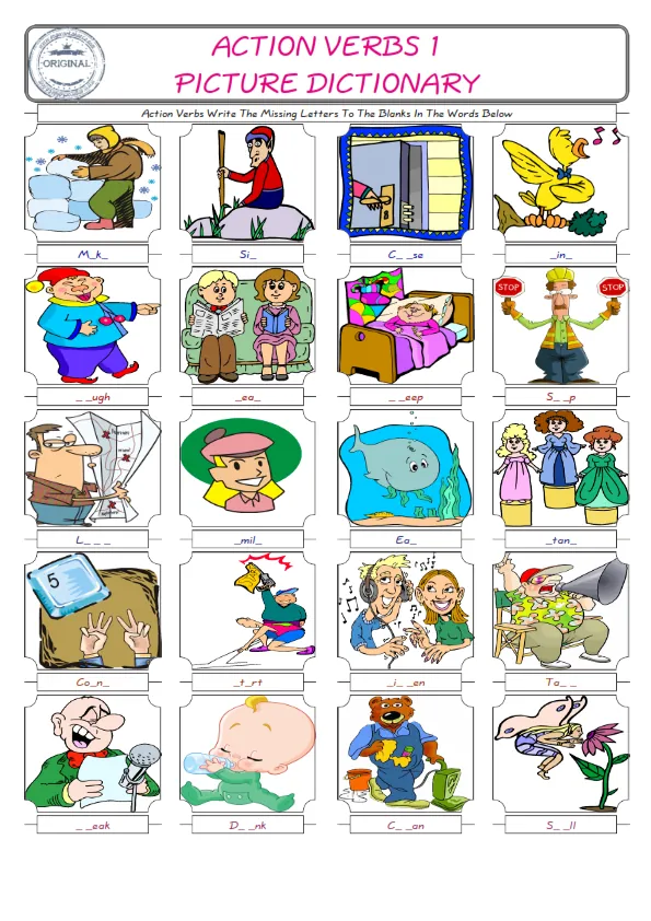 Action Verbs Words English worksheets For kids, the ESL Worksheet for finding and typing the missing letters of Action Verbs Words Worksheet Preview