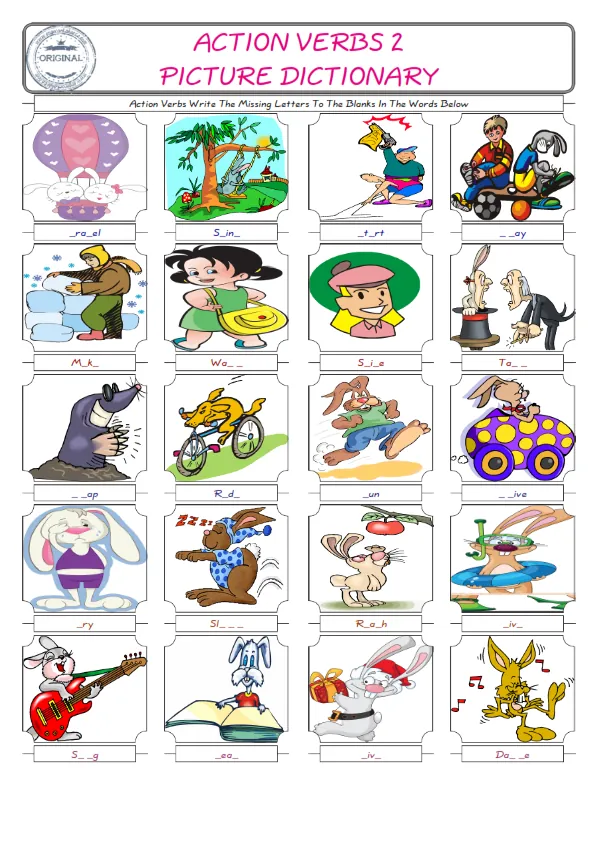 Action Verbs Words English worksheets For kids, the ESL Worksheet for finding and typing the missing letters of Action Verbs Words Worksheet Preview