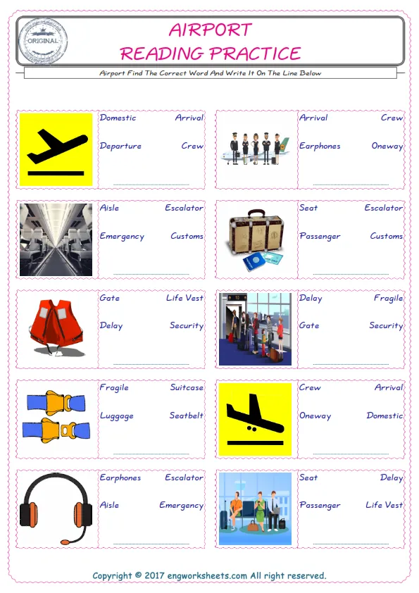 Check the picture of the Airport for kids ESL worksheet for supplying the correct one among three words into the blank place. Worksheet Preview