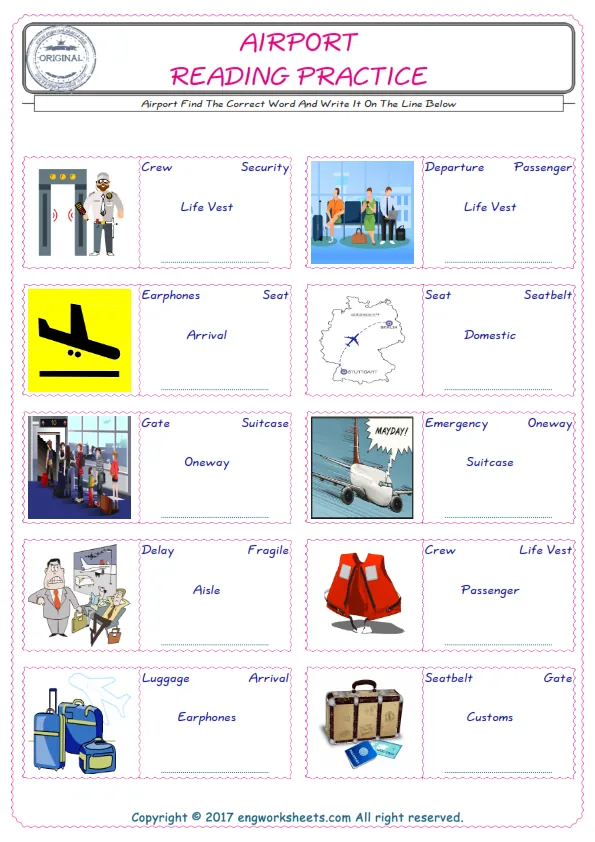Check the picture of the Airport for kids ESL worksheet for supplying the correct one among four words into the blank place. Worksheet Preview