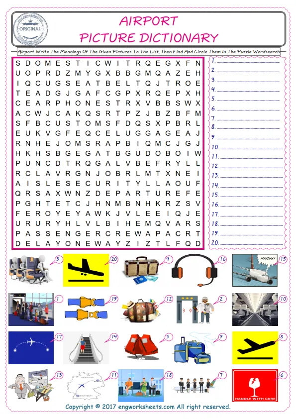 For kids, check the picture of Airport find, and write the word and find it in the word puzzle ESL printable worksheet. Worksheet Preview