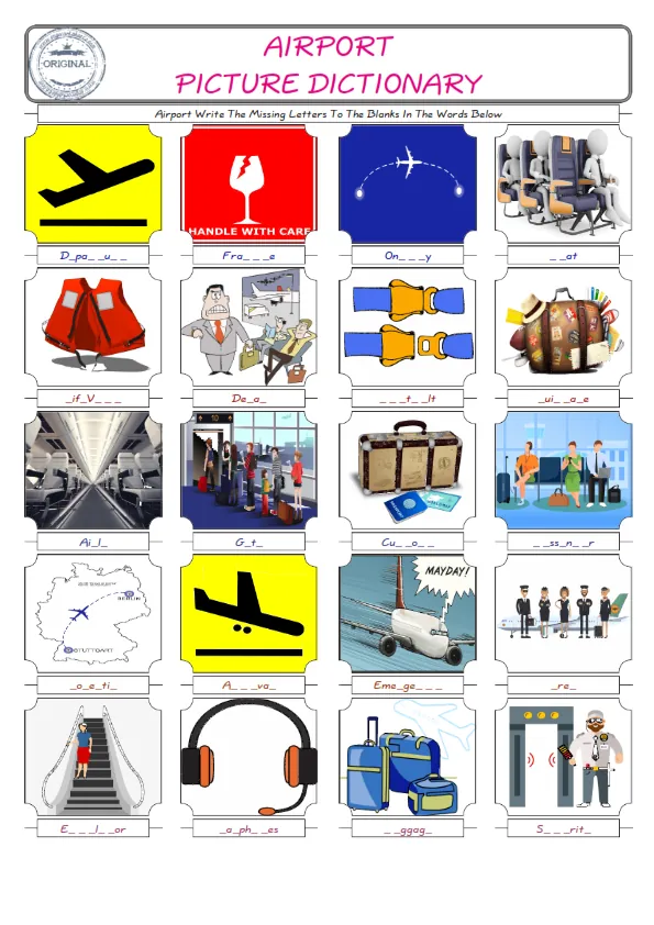 Airport Words English worksheets For kids, the ESL Worksheet for finding and typing the missing letters of Airport Words Worksheet Preview