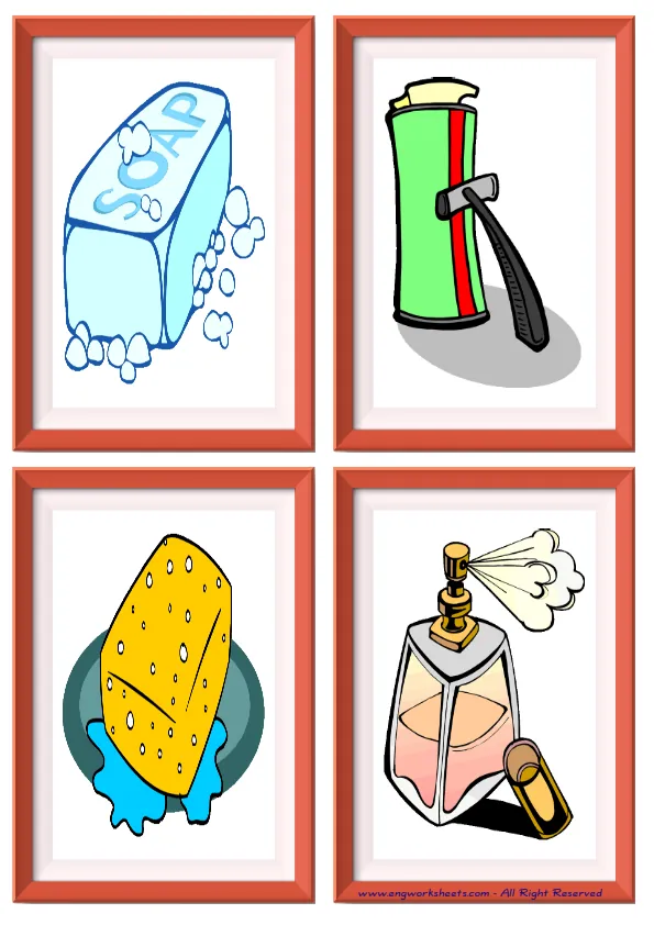 Quarter page ESL Flashcard without words containing Bathroom picture for kids and teachers. Worksheet Preview