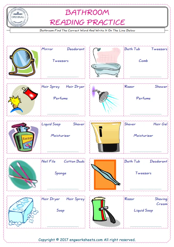 Check the picture of the Bathroom for kids ESL worksheet for supplying the correct one among four words into the blank place. Worksheet Preview