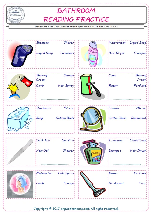 Check the picture of the Bathroom for kids ESL worksheet for supplying the correct one among three words into the blank place. Worksheet Preview