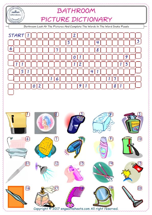 Check the Illustrations of Bathroom english worksheets for kids, and Supply the Missing Words in the Word Snake Puzzle ESL play. Worksheet Preview