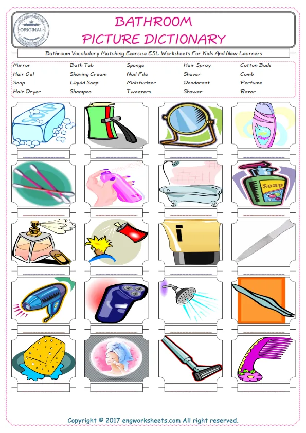 Bathroom for Kids ESL Word Matching English Exercise Worksheet. Worksheet Preview