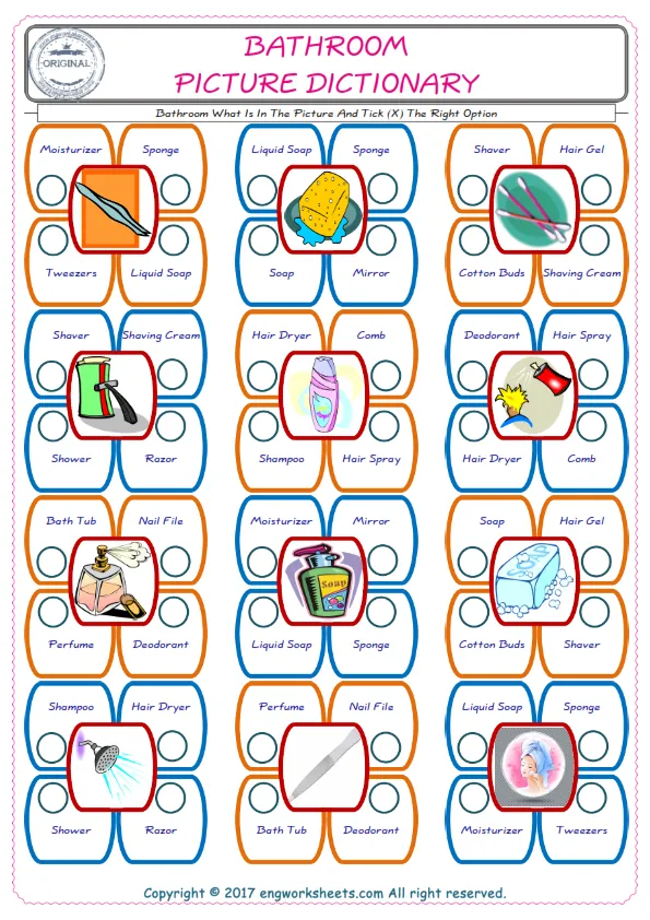 check the picture, mark the correct option amongst the given Bathroom words English worksheet for kids Worksheet Preview