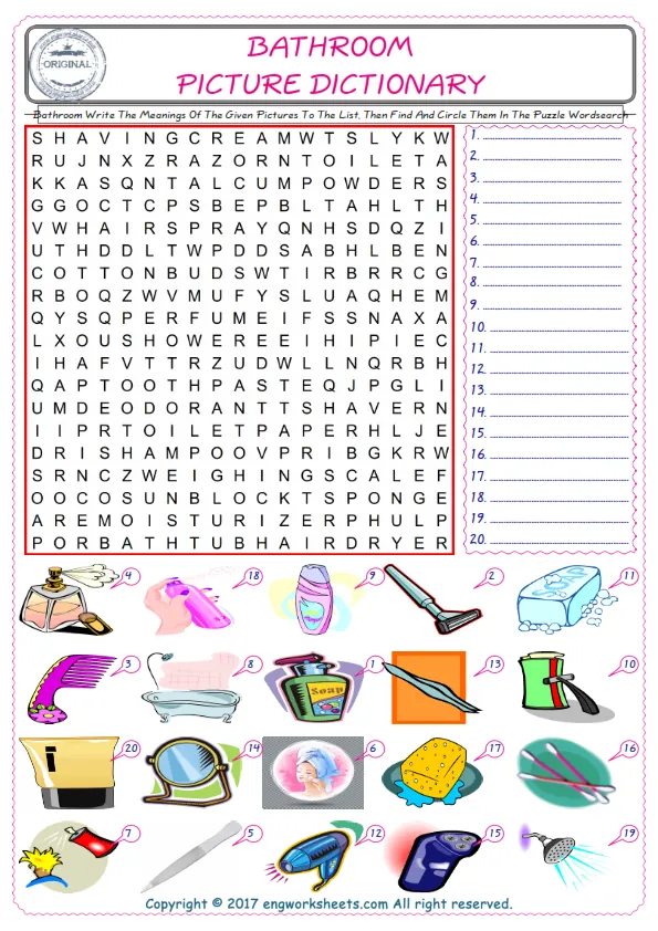 For kids, check the picture of Bathroom find, and write the word and find it in the word puzzle ESL printable worksheet. Worksheet Preview