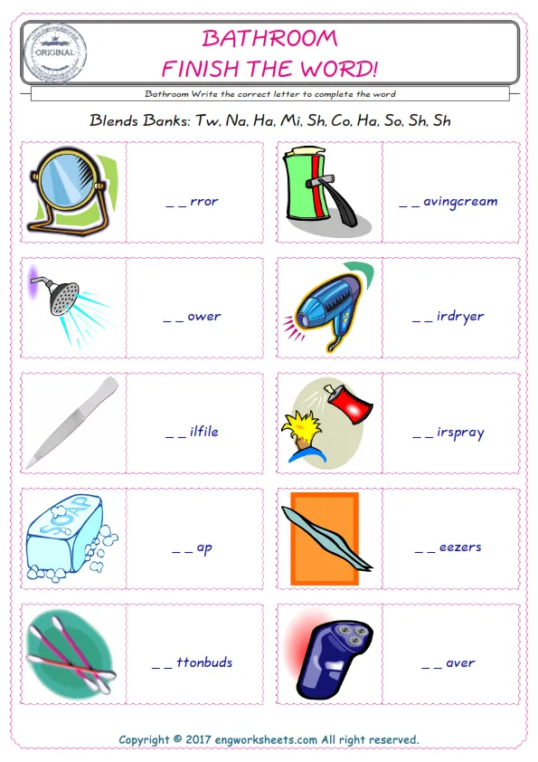 For kids, the Bathroom English worksheet for supplying into the correct blank place given letters special to the Bathroom Words. Worksheet Preview