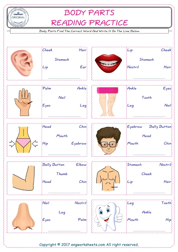 Check the picture of the Body Parts for kids ESL worksheet for supplying the correct one among five words into the blank place. Worksheet Preview