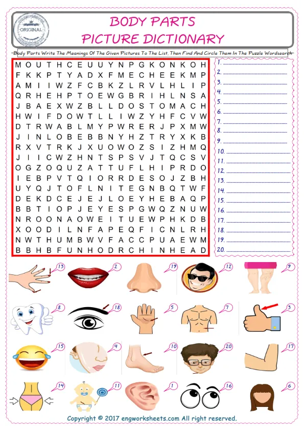 For kids, check the picture of Body Parts find, and write the word and find it in the word puzzle ESL printable worksheet. Worksheet Preview