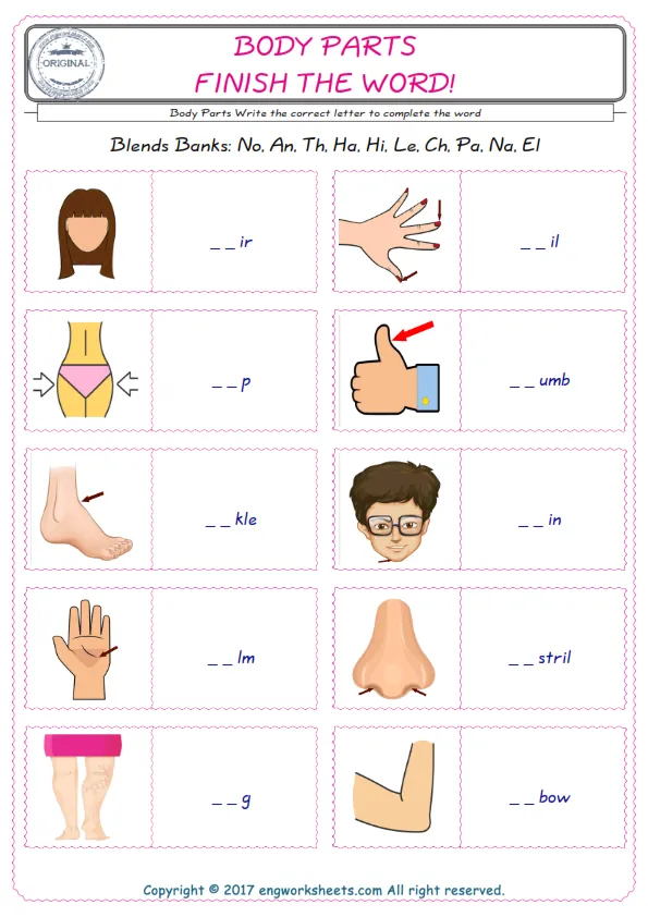 For kids, the Body Parts English worksheet for supplying into the correct blank place given letters special to the Body Parts Words. Worksheet Preview