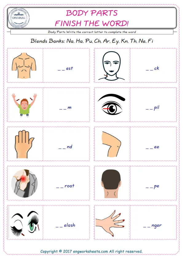 For kids, the Body Parts English worksheet for supplying into the correct blank place given letters special to the Body Parts Words. Worksheet Preview