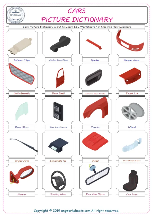 Cars English Worksheet for Kids ESL Printable Picture Dictionary