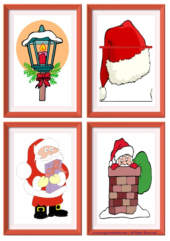 Quarter page ESL Flashcard without words containing Christmas picture for kids and teachers. Worksheet Preview