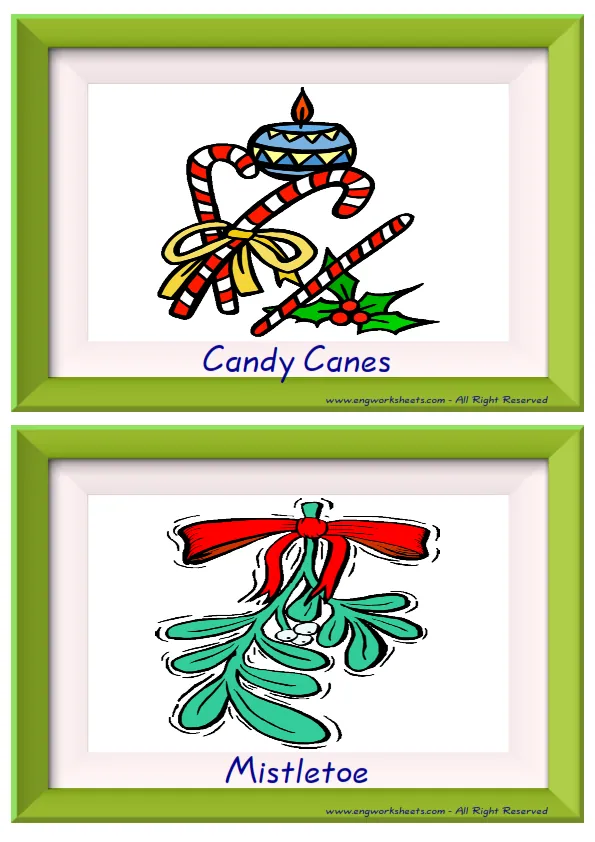 Half page ESL Flashcard together with words containing Christmas picture for kids and teachers. Worksheet Preview