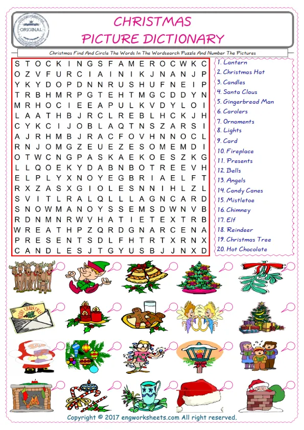 ESL wordsearch worksheets for kids, find Christmas words in the word wordsearch write its number on its picture English worksheet. Worksheet Preview