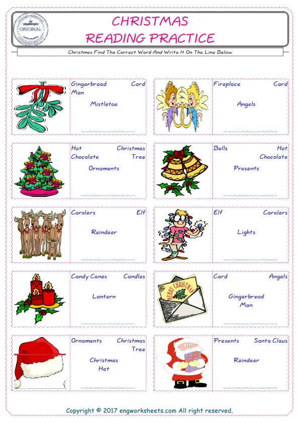Check the picture of the Christmas for kids ESL worksheet for supplying the correct one among four words into the blank place. Worksheet Preview