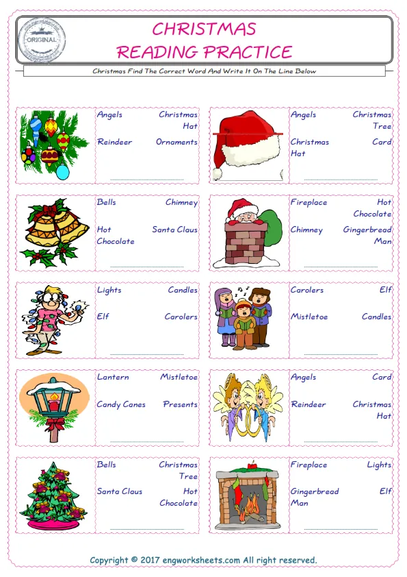 Check the picture of the Christmas for kids ESL worksheet for supplying the correct one among three words into the blank place. Worksheet Preview