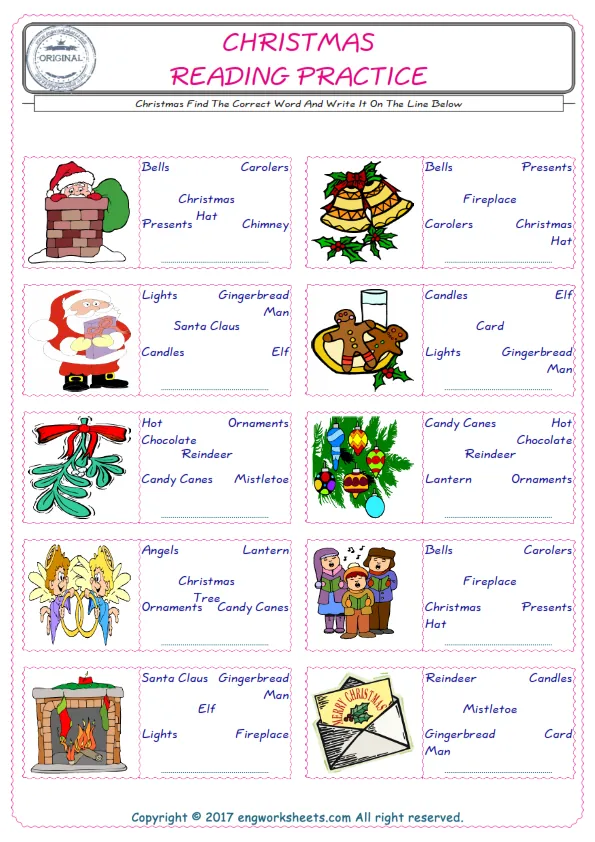 Check the picture of the Christmas for kids ESL worksheet for supplying the correct one among five words into the blank place. Worksheet Preview