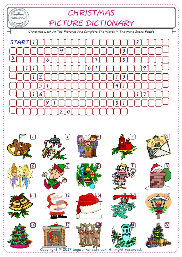 Check the Illustrations of Christmas english worksheets for kids, and Supply the Missing Words in the Word Snake Puzzle ESL play. Worksheet Preview