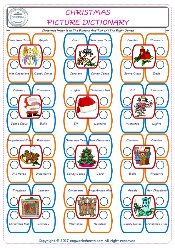 check the picture, mark the correct option amongst the given Christmas words English worksheet for kids Worksheet Preview