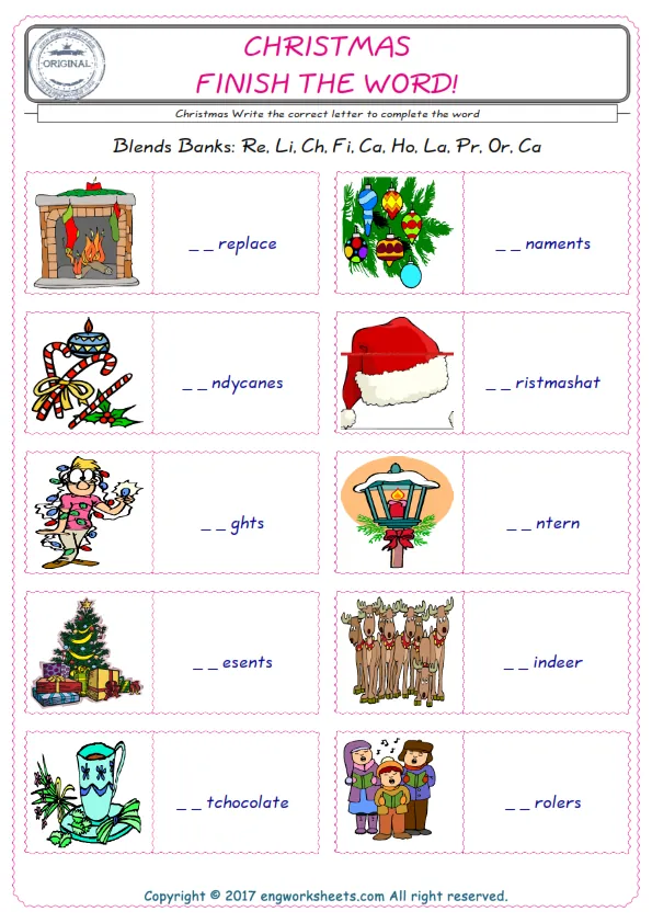 For kids, the Christmas English worksheet for supplying into the correct blank place given letters special to the Christmas Words. Worksheet Preview