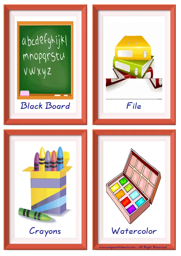 Quarter page ESL Flashcard together with words containing Classroom Object picture for kids and teachers. Worksheet Preview