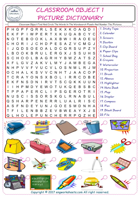 ESL wordsearch worksheets for kids, find Classroom Object words in the word wordsearch write its number on its picture English worksheet. Worksheet Preview
