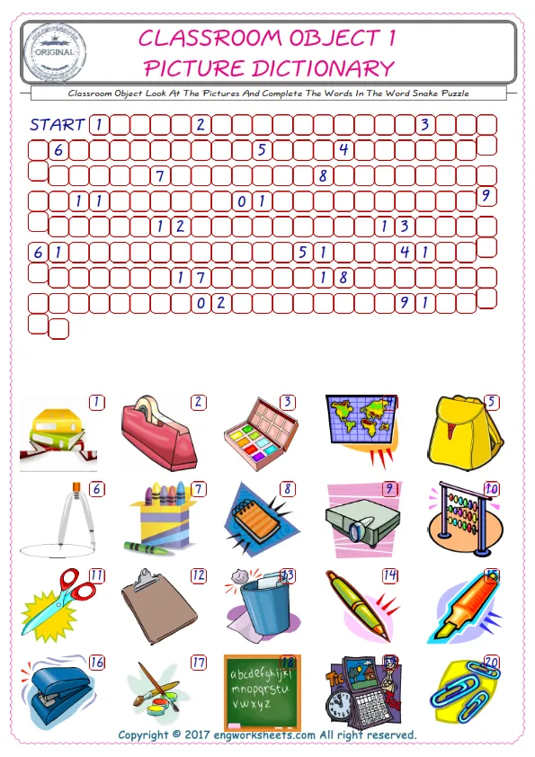Check the Illustrations of Classroom Object english worksheets for kids, and Supply the Missing Words in the Word Snake Puzzle ESL play. Worksheet Preview