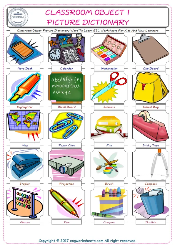 Classroom Object English Worksheet for Kids ESL Printable Picture Dictionary Worksheet Preview