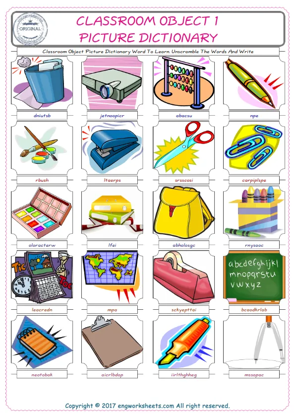 Classroom Object ESL Worksheets For kids, the exercise worksheet of finding the words given complexly and supplying the correct one. Worksheet Preview