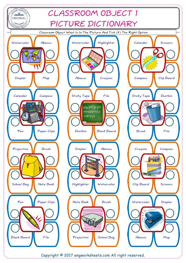 check the picture, mark the correct option amongst the given Classroom Object words English worksheet for kids Worksheet Preview