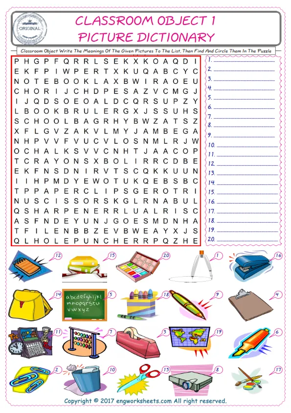 For kids, check the picture of Classroom Object find, and write the word and find it in the word puzzle ESL printable worksheet. Worksheet Preview