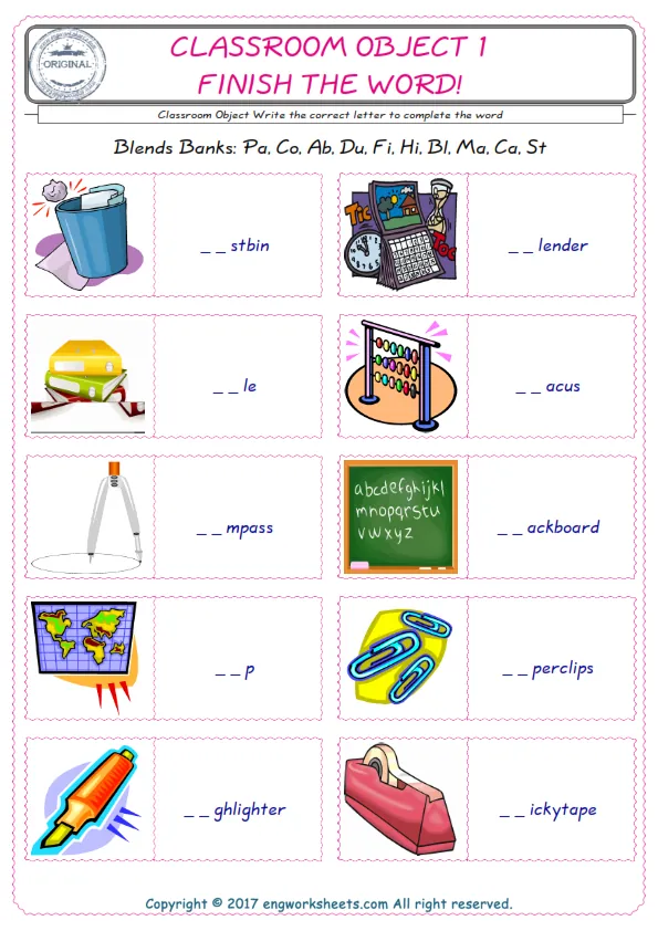 For kids, the Classroom Object English worksheet for supplying into the correct blank place given letters special to the Classroom Object Words. Worksheet Preview