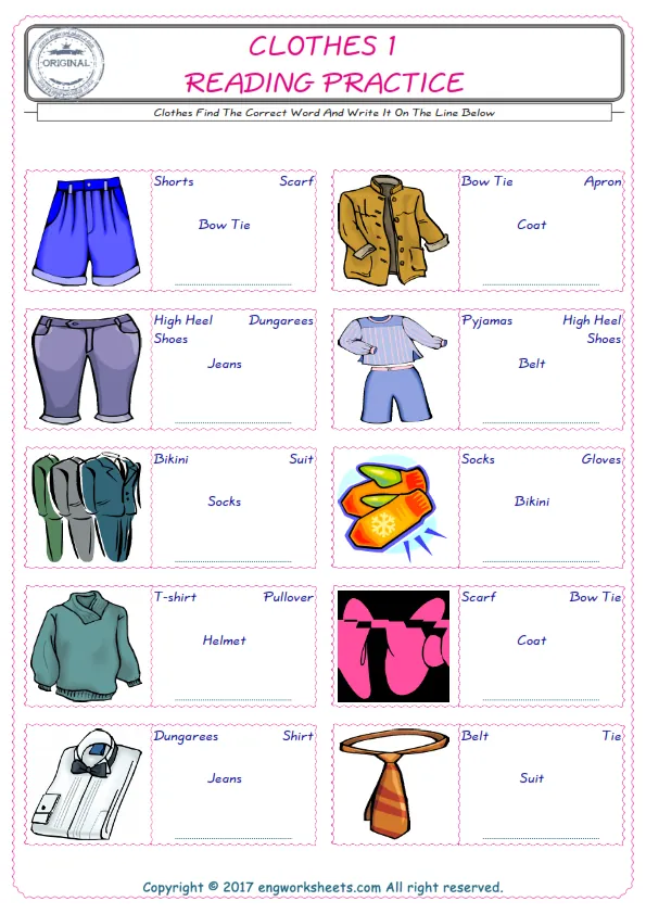 Check the picture of the Clothes for kids ESL worksheet for supplying the correct one among four words into the blank place. Worksheet Preview
