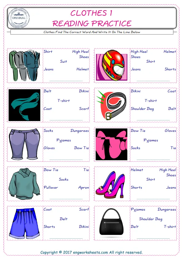 Check the picture of the Clothes for kids ESL worksheet for supplying the correct one among five words into the blank place. Worksheet Preview