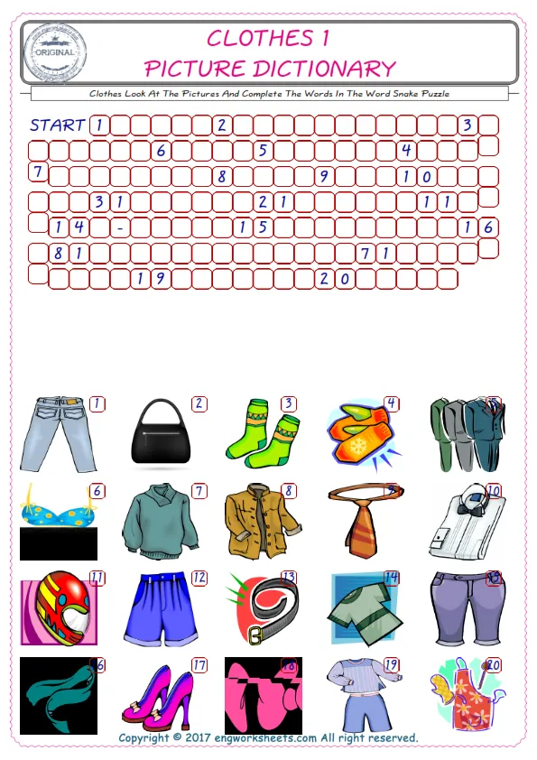 Check the Illustrations of Clothes english worksheets for kids, and Supply the Missing Words in the Word Snake Puzzle ESL play. Worksheet Preview