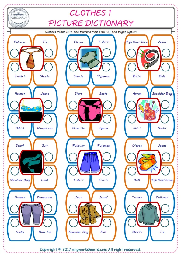 check the picture, mark the correct option amongst the given Clothes words English worksheet for kids Worksheet Preview