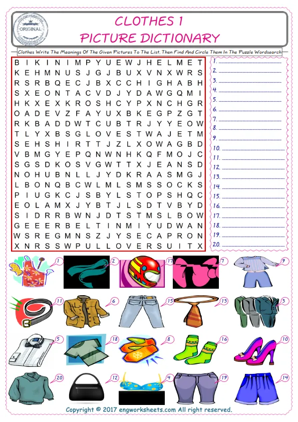 For kids, check the picture of Clothes find, and write the word and find it in the word puzzle ESL printable worksheet. Worksheet Preview