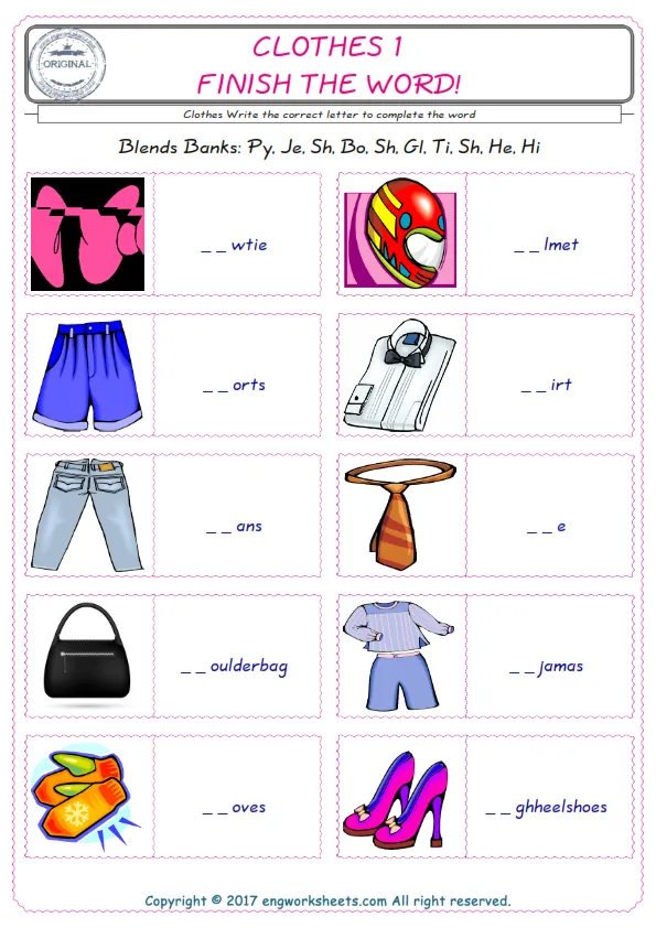 For kids, the Clothes English worksheet for supplying into the correct blank place given letters special to the Clothes Words. Worksheet Preview