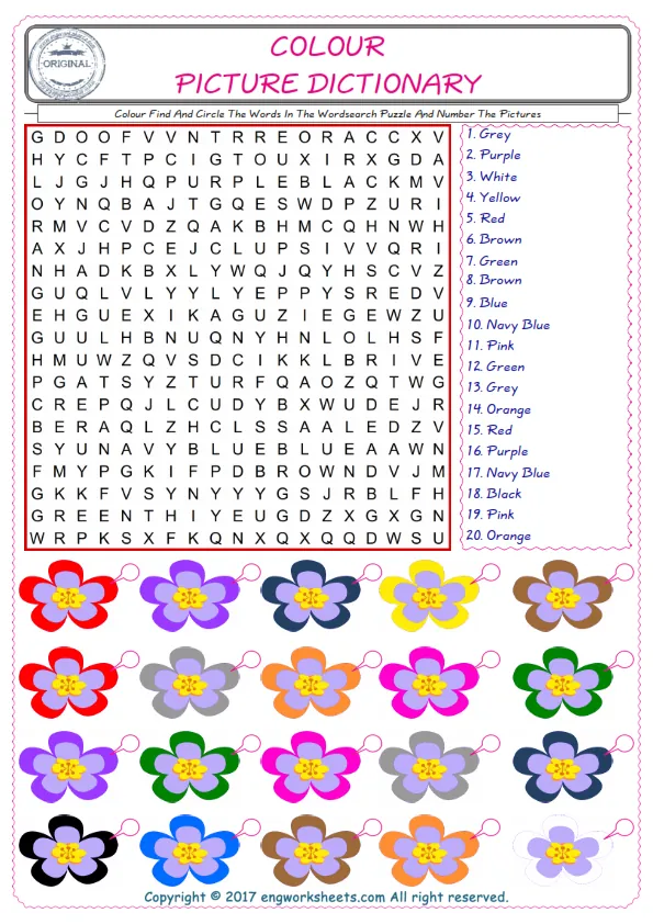 ESL wordsearch worksheets for kids, find Colour words in the word wordsearch write its number on its picture English worksheet. Worksheet Preview