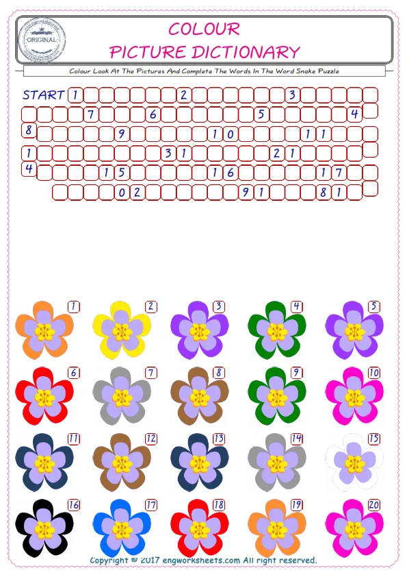 Check the Illustrations of Colour english worksheets for kids, and Supply the Missing Words in the Word Snake Puzzle ESL play. Worksheet Preview