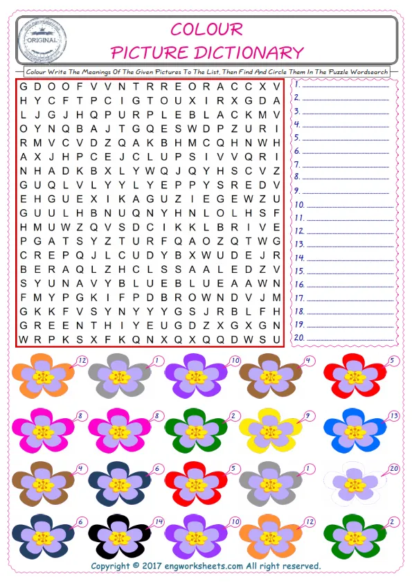 For kids, check the picture of Colour find, and write the word and find it in the word puzzle ESL printable worksheet. Worksheet Preview