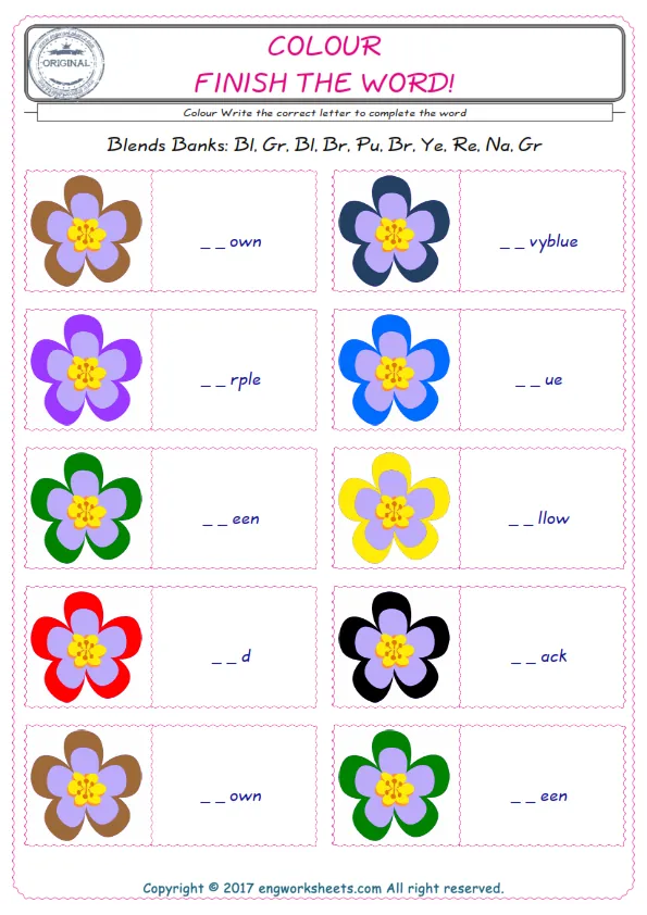 For kids, the Colour English worksheet for supplying into the correct blank place given letters special to the Colour Words. Worksheet Preview