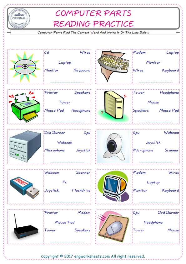 Check the picture of the Computer Parts for kids ESL worksheet for supplying the correct one among five words into the blank place. Worksheet Preview