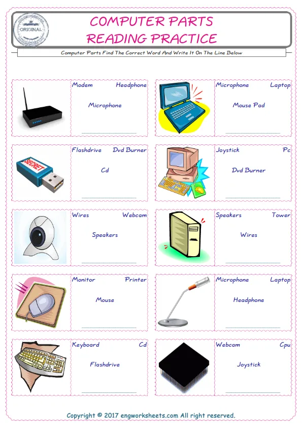 Check the picture of the Computer Parts for kids ESL worksheet for supplying the correct one among four words into the blank place. Worksheet Preview